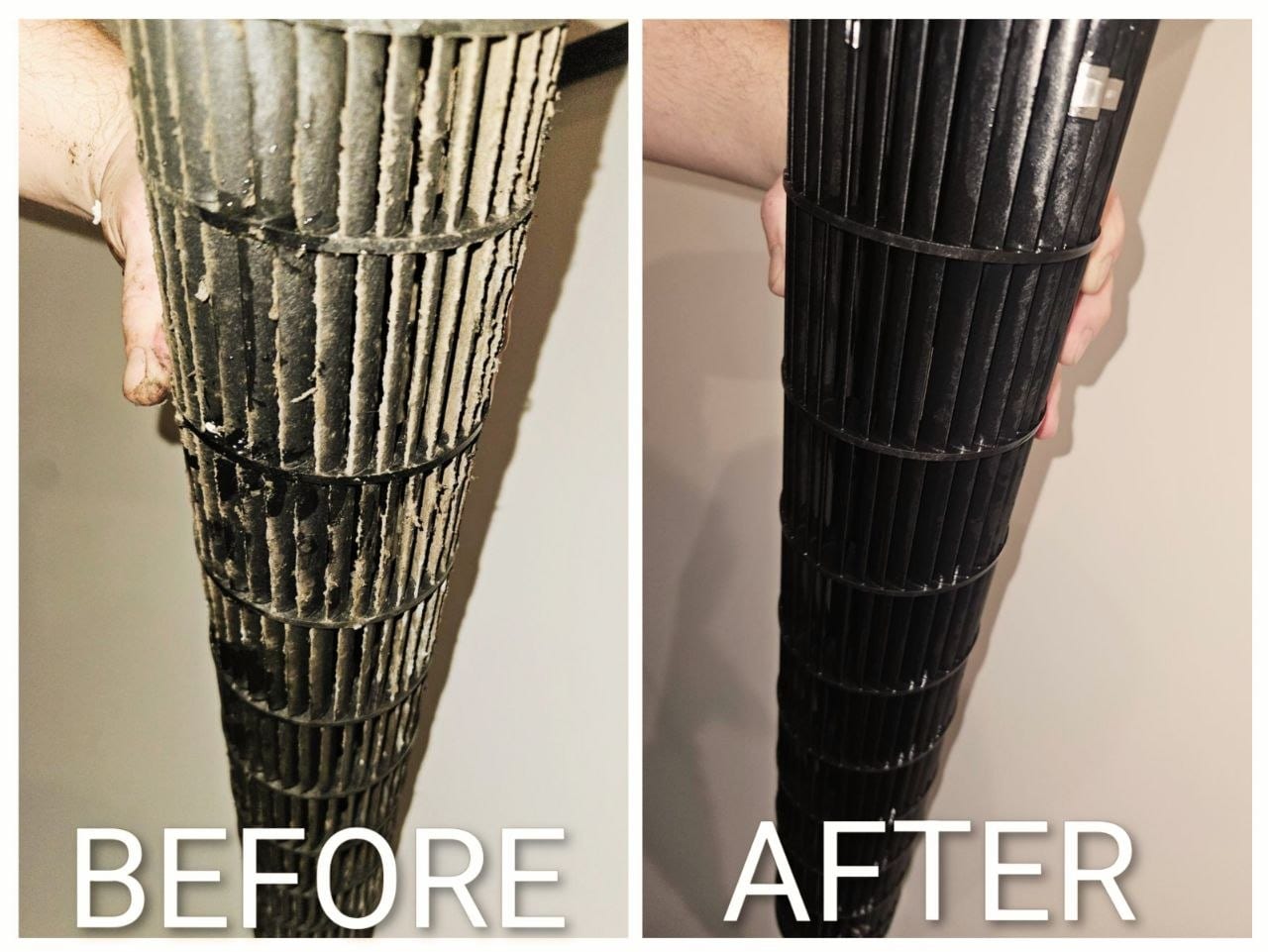 Blower Wheel Before & After — Before and after deep cleaning of Fujitsu blower wheels.