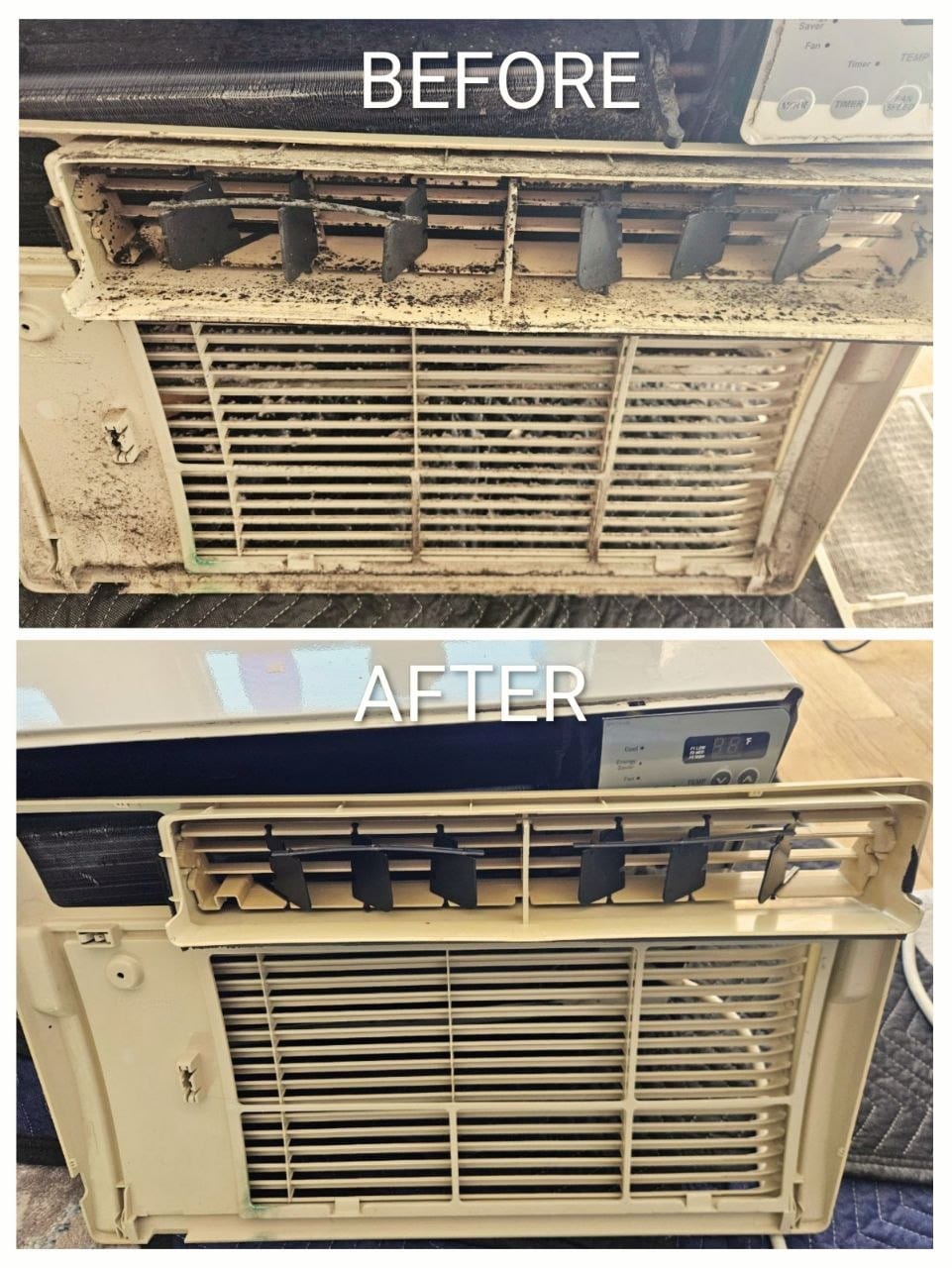 Window AC Deep Cleaning — Plastic front panel cleaned from heavy mold and dirt buildup.