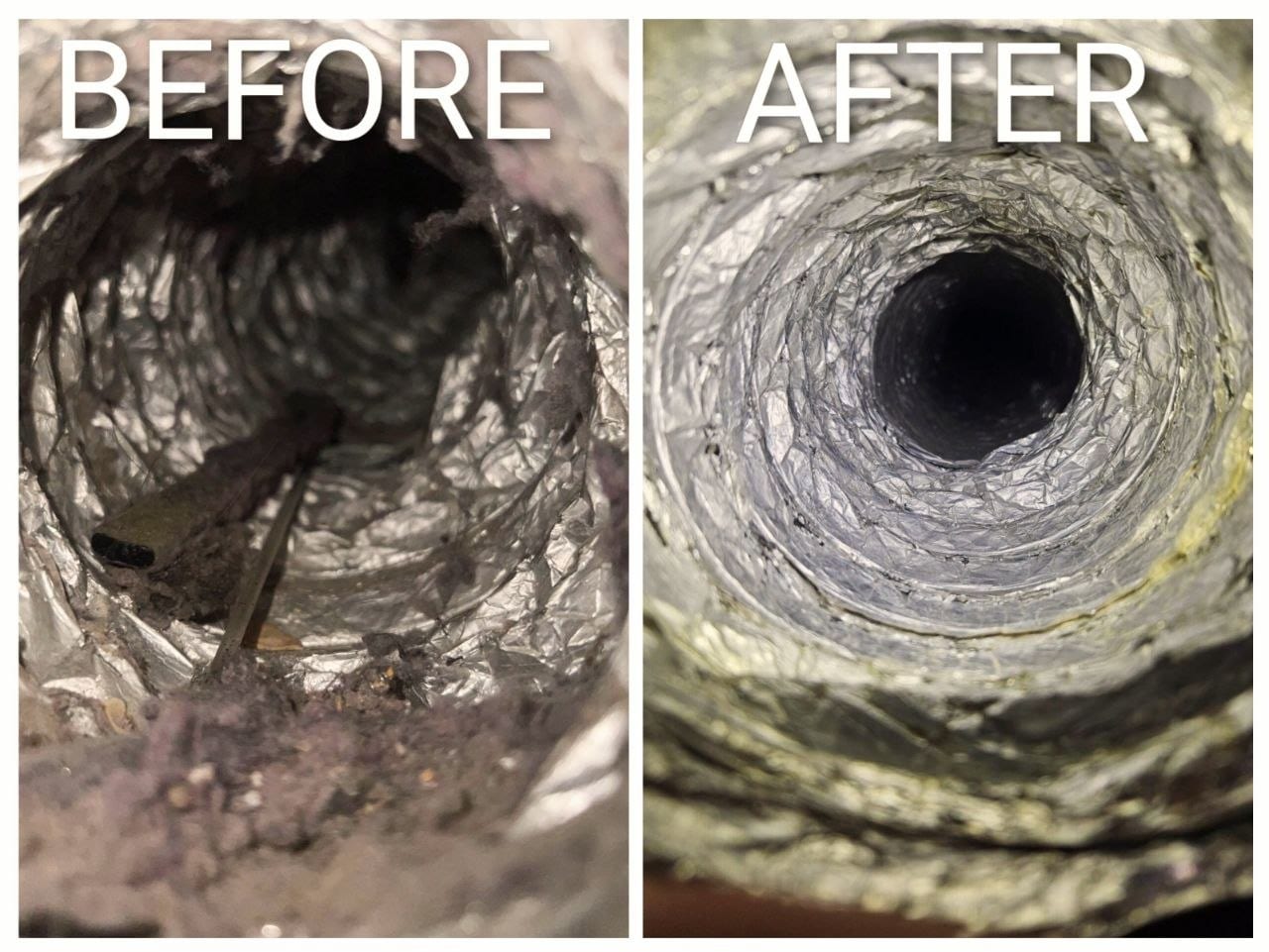 Dryer Vent Cleaning — Before & after cleaning of the dryer vent duct and flex line.