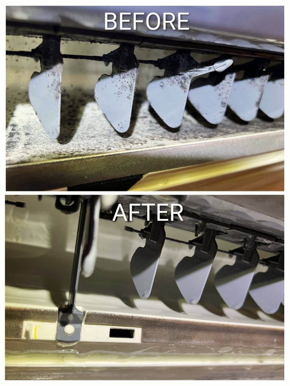 Wall-Mounted Unit Deep Cleaning — Before & after cleaning with blower wheel removal.
