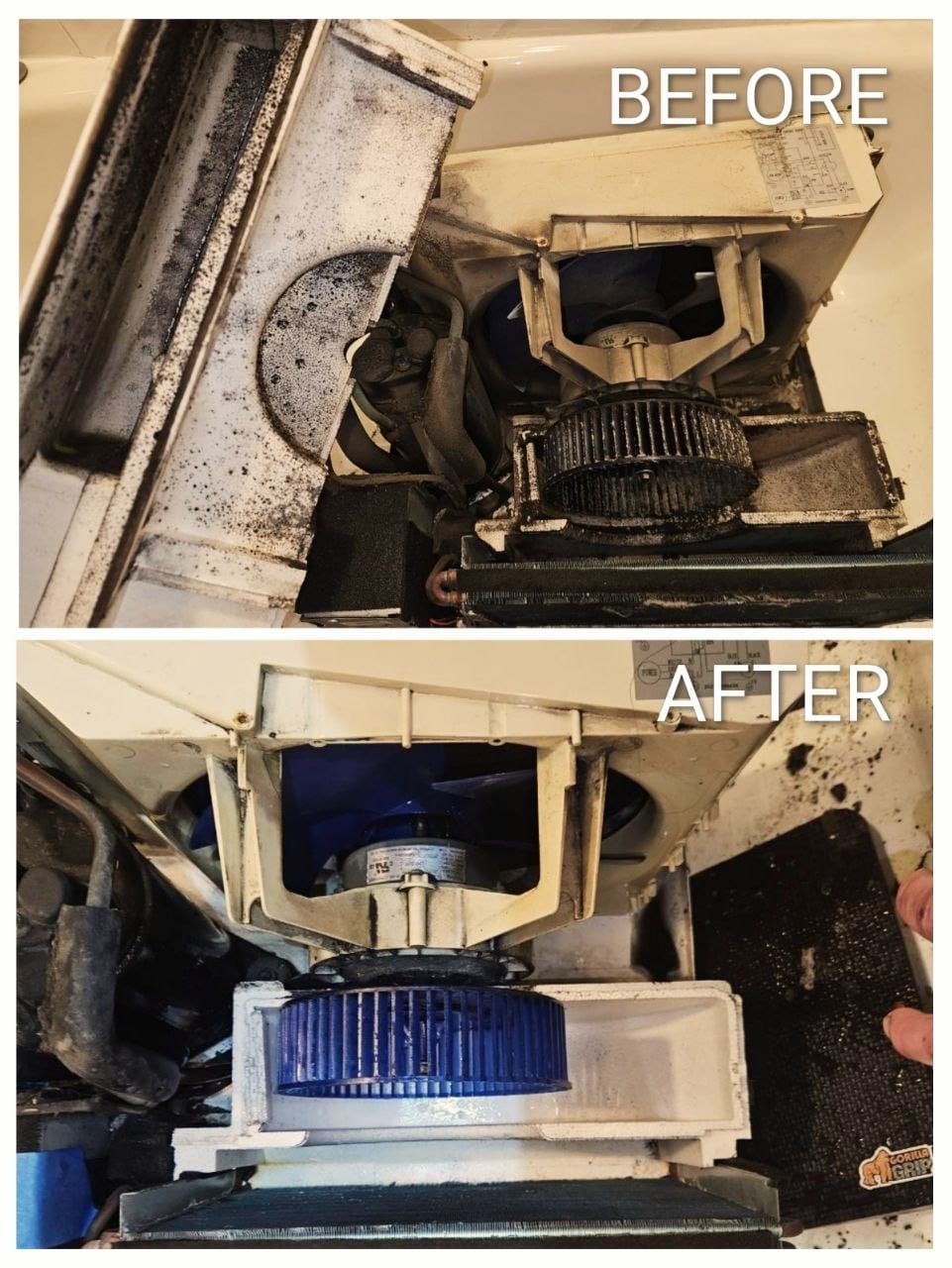 Window AC Deep Cleaning — Before & after deep cleaning of a window AC unit — fan restored to its original color.