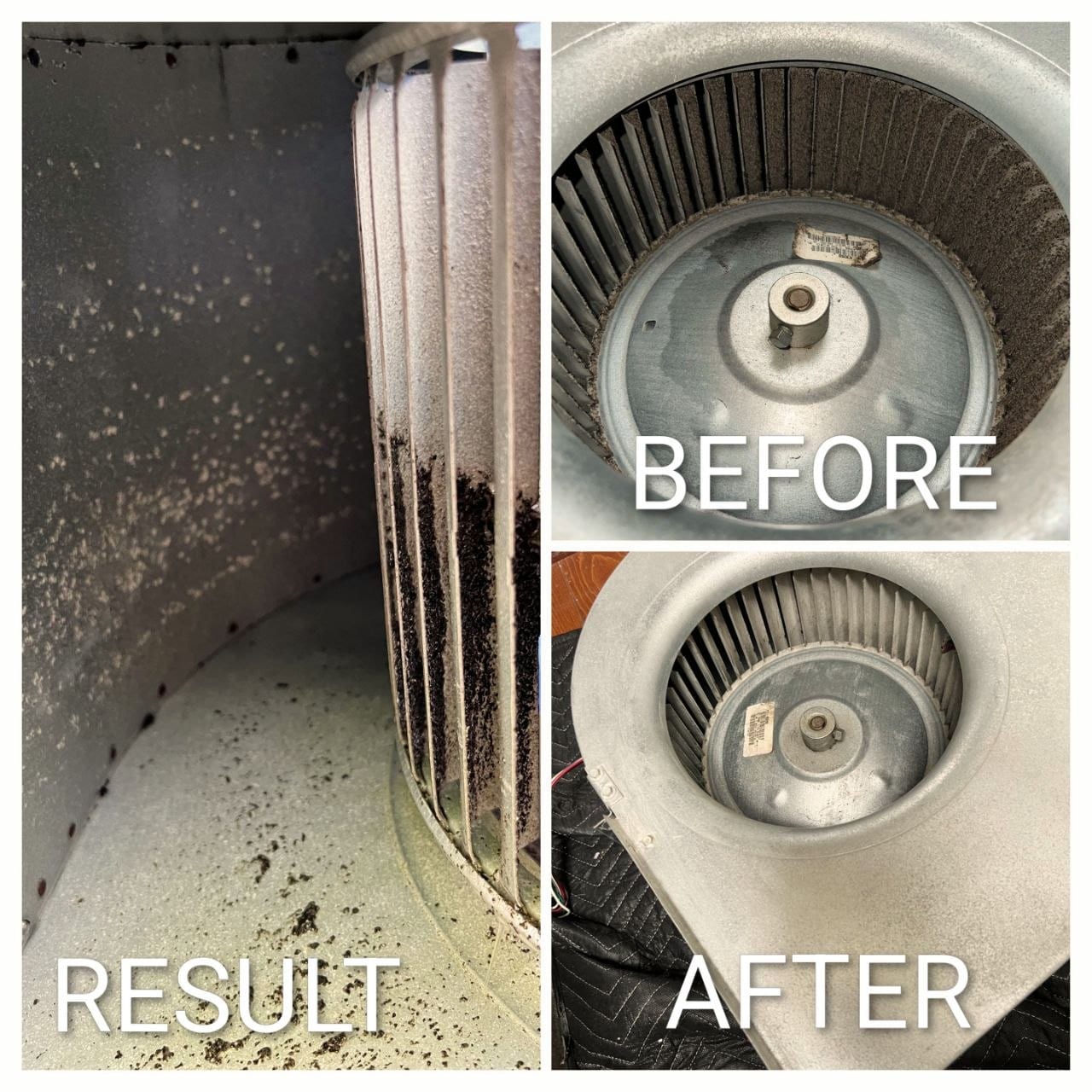 Air Handler Deep Cleaning — Blower wheel removed during deep cleaning — before, after, and in-progress cleaning results.