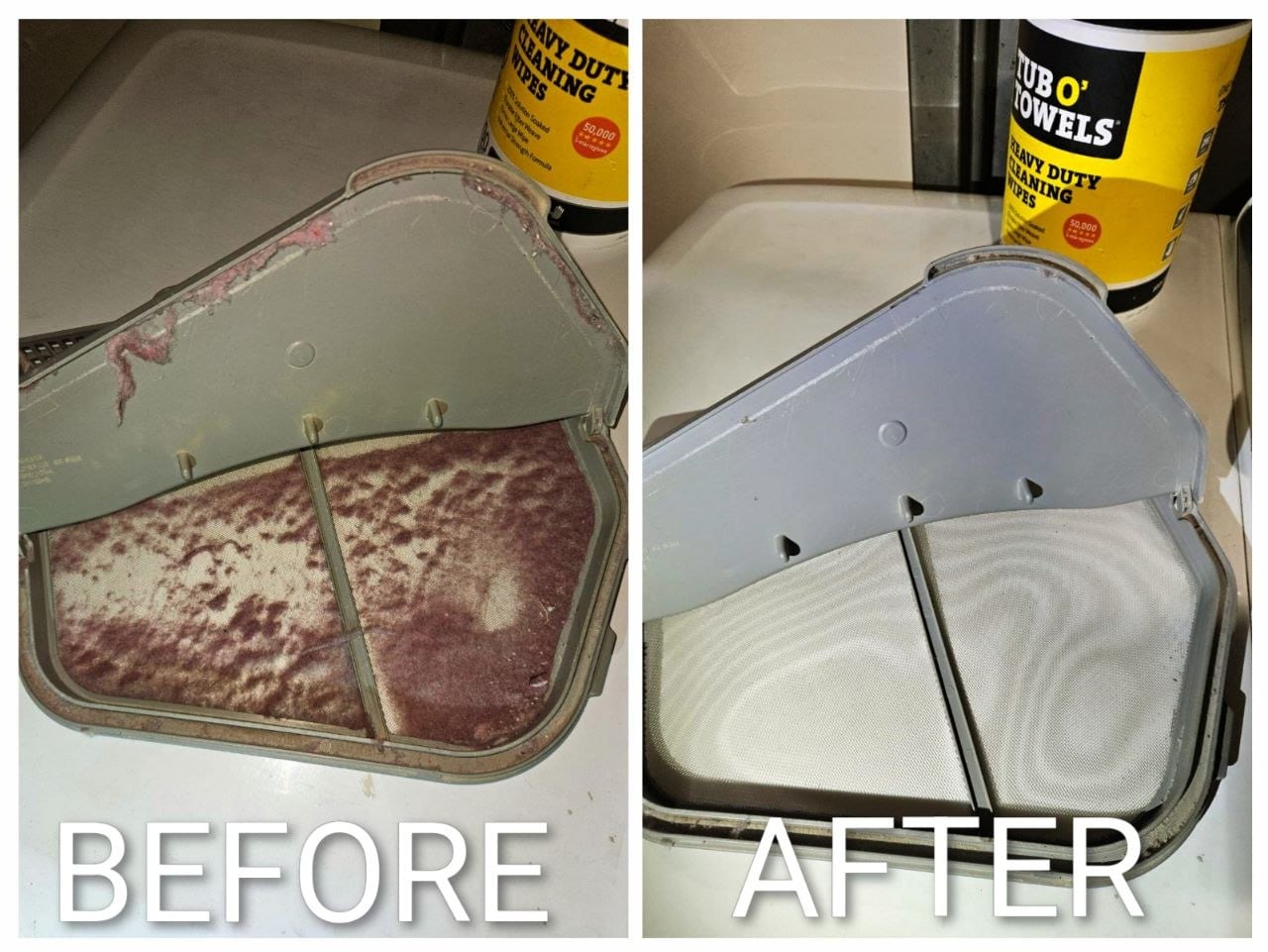 Dryer Filter Cleaning — Before & after cleaning of a dryer lint filter.