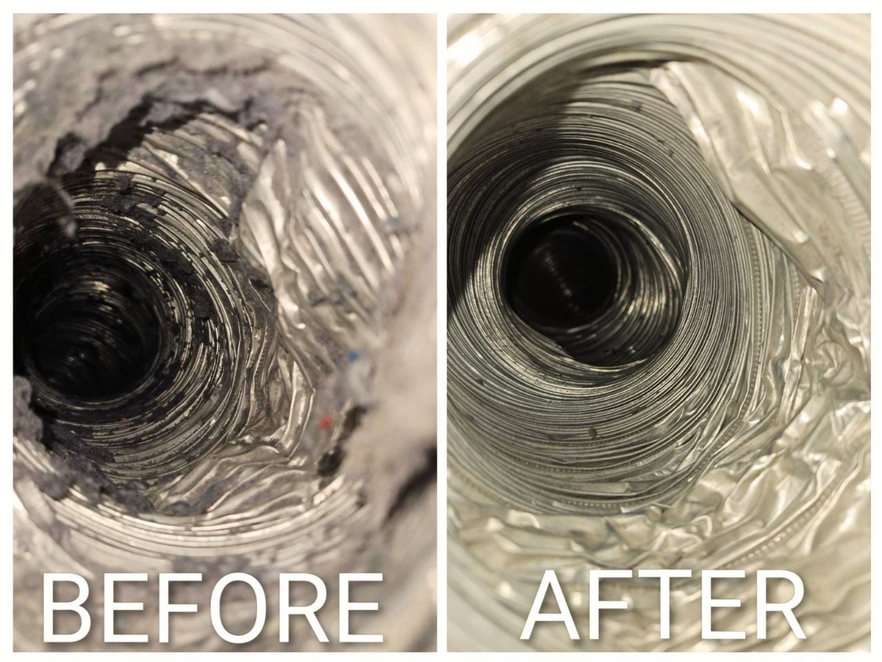 Dryer Vent Cleaning — Before & after photos of the dryer vent duct cleaning.