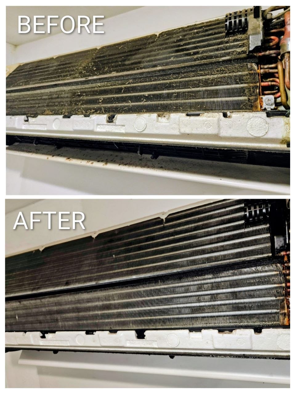 Daikin Wall-Mounted Unit Cleaning — Before & after evaporator coil cleaning of a Daikin wall-mounted unit.